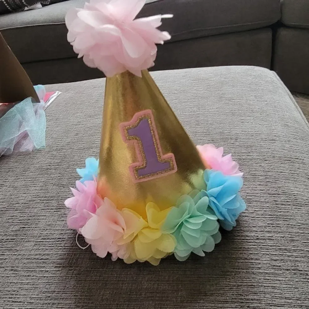 Deluxe 1st Birthday Multicolor Cone Hat 1 Pack